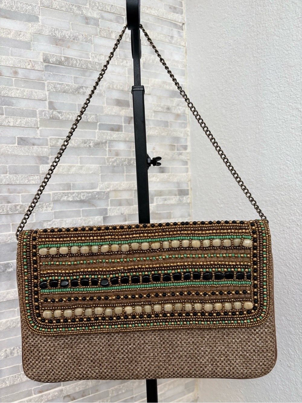 Boho beaded, woven fabric handbag/clutch convertible evening bag